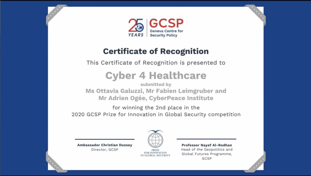 Cyber 4 Healthcare Wins 2nd Prize for Innovation in Global Security