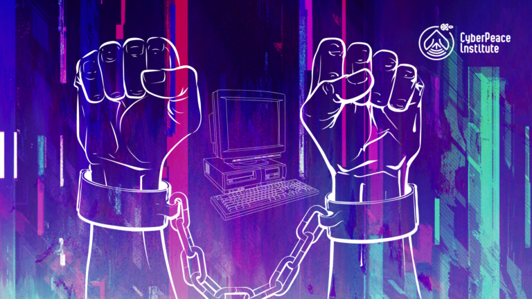 Digital artwork representing the fight against cyber oppression, with two clenched fists raised in solidarity, one on each side of an old-fashioned computer monitor. The fists are bound by chains. The image features a vibrant background of blue and purple hues with vertical streaks of paint, suggesting a sense of urgency and defiance. The logo of the CyberPeace Institute is visible in the top right corner.