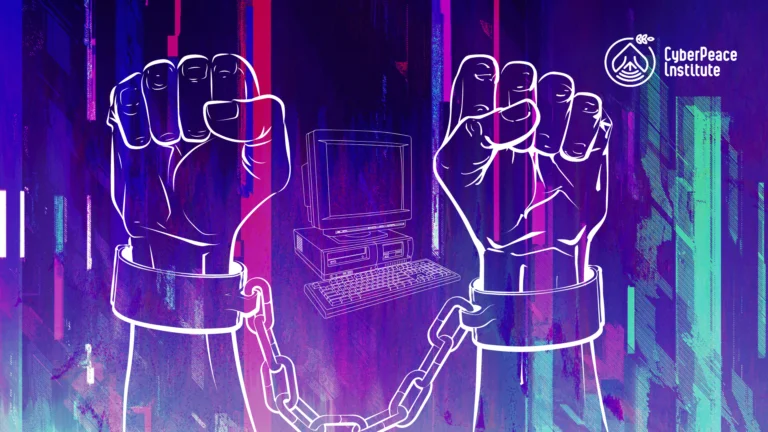 Digital artwork representing the fight against cyber oppression, with two clenched fists raised in solidarity, one on each side of an old-fashioned computer monitor. The fists are bound by chains. The image features a vibrant background of blue and purple hues with vertical streaks of paint, suggesting a sense of urgency and defiance. The logo of the CyberPeace Institute is visible in the top right corner.